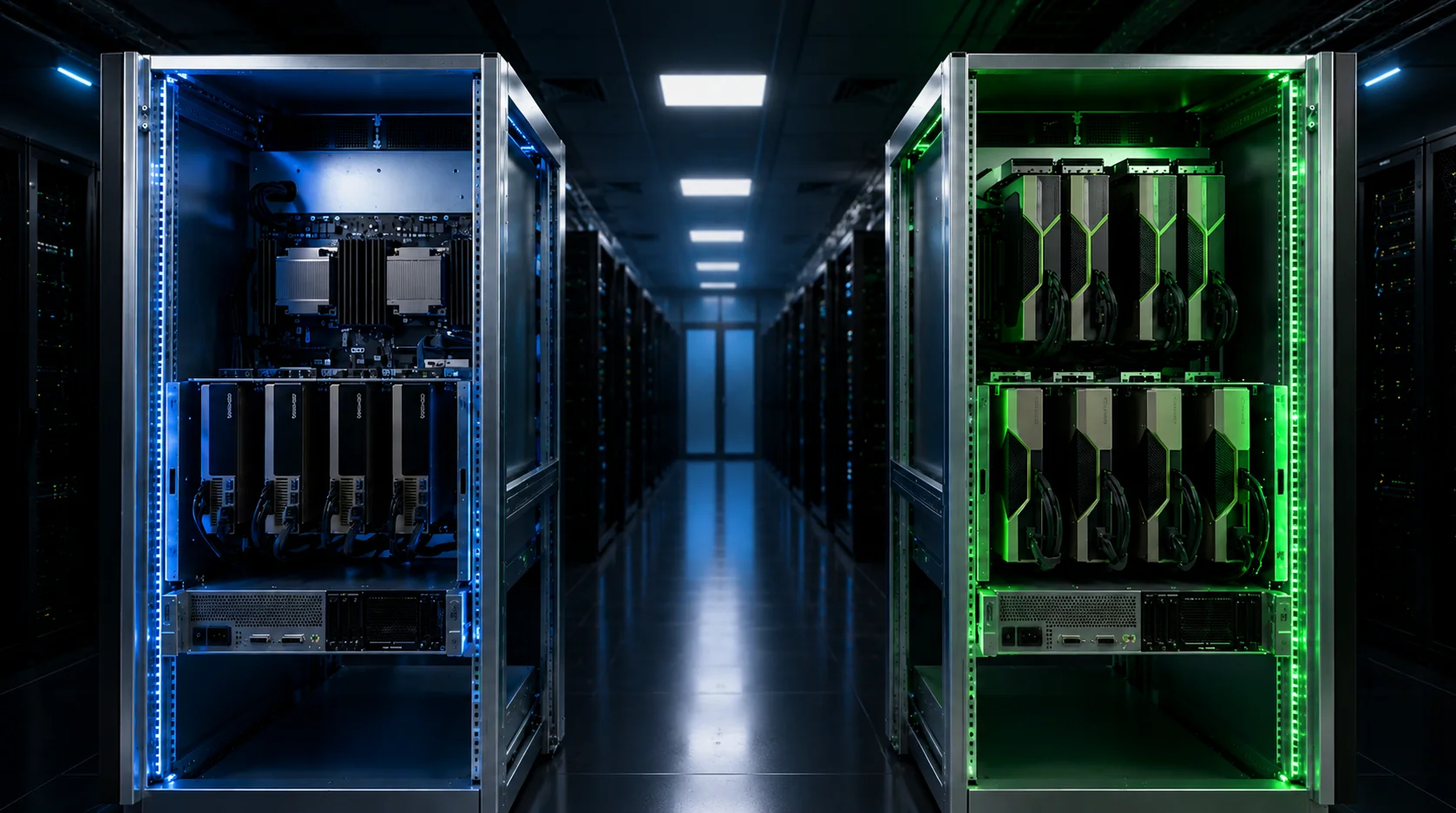  Dark room featuring two A100 and H100 GPU servers with glowing green lights.