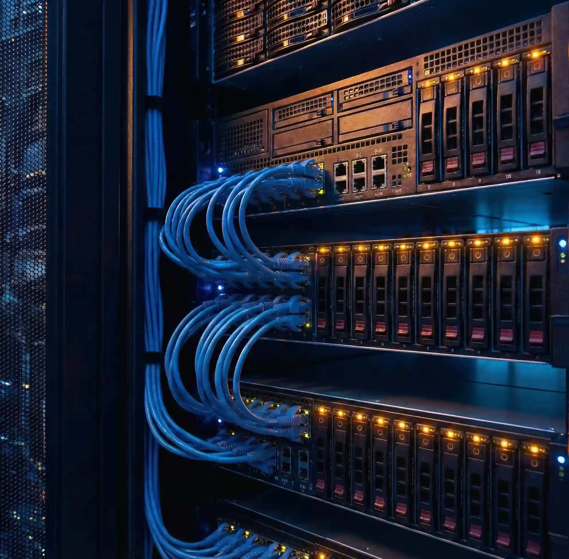 A man seated before multiple computer screens, managing a dedicated server setup in a tech-focused environment.